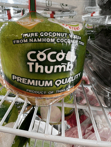 a package of coco thumb premium quality sits in a fridge