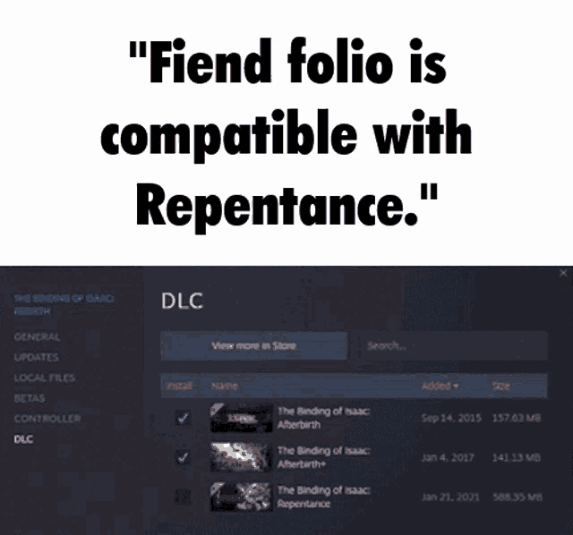 a poster that says " fiend folio is compatible with repentance " next to a computer screen