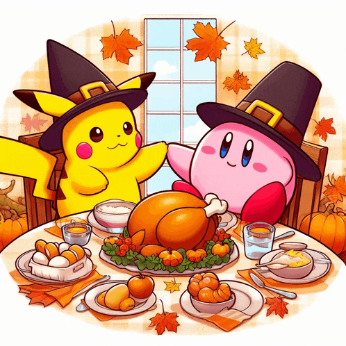 pikachu and kirby are sitting at a table eating a turkey