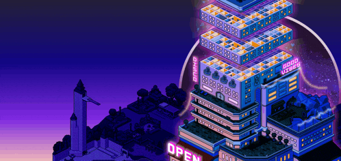 an isometric illustration of a city with a sign that says " open "