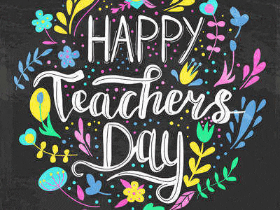 a chalkboard with the words `` happy teachers day '' surrounded by colorful flowers .