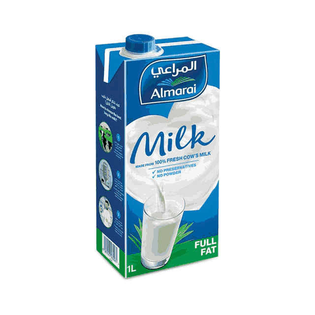 a carton of almarai milk with a glass of milk inside