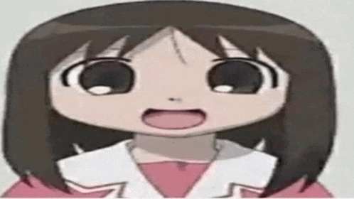 a close up of a cartoon girl 's face with her mouth open and a surprised look on her face .