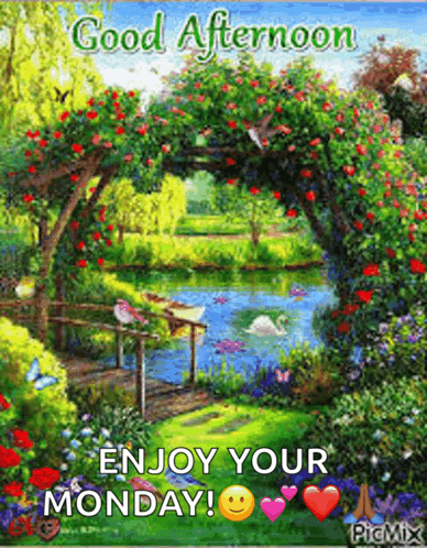 a good afternoon greeting card with a painting of a garden with flowers and a lake