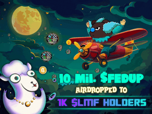 a cartoon of a bear flying a plane with the words 10 mil $ fedup airdropped to 1k slmf holders below it