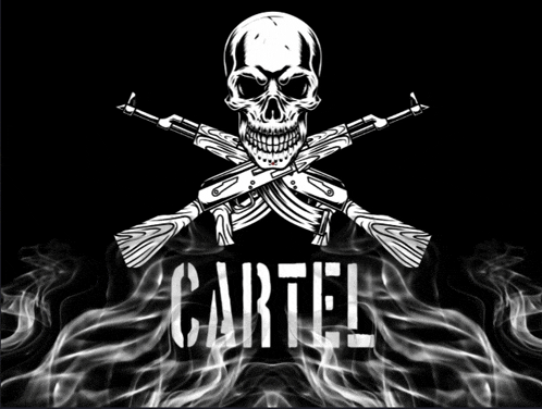 a skull with two crossed guns and the word cartel in the background