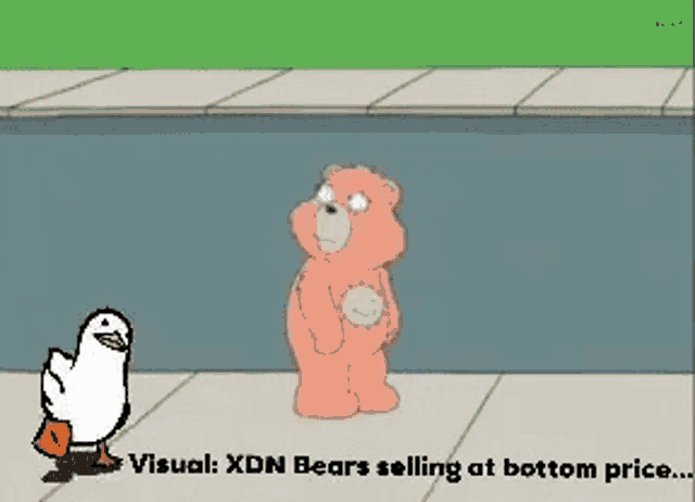 a cartoon of a bear standing next to a duck with the words visual xdn bears selling at bottom price