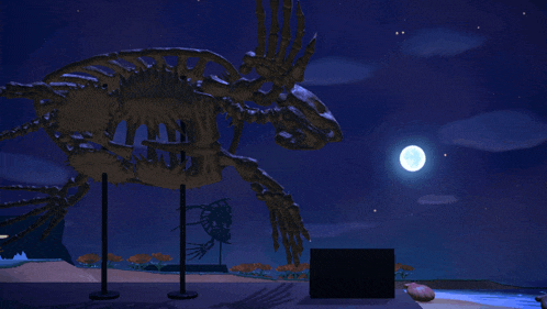 a statue of a dinosaur skeleton is lit up at night with a full moon in the background