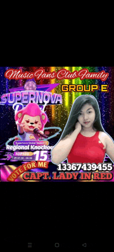 a poster for music fans club family supernova group e with a girl in a red top