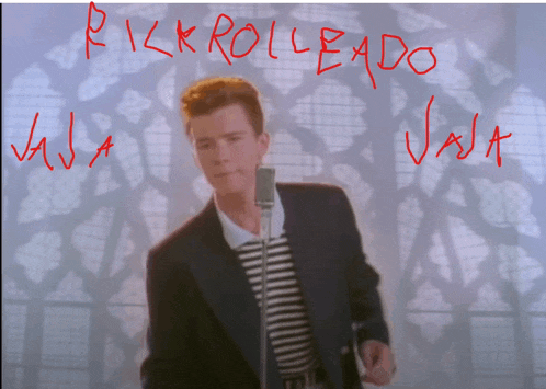 a man in a suit singing into a microphone with the words rickrollado written in red