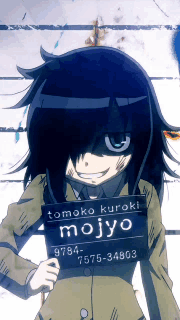 a picture of a girl holding a sign that says mojyo on it