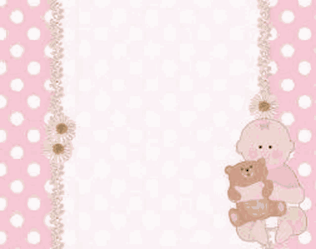 a baby in a diaper is holding a teddy bear on a pink and white polka dot background .