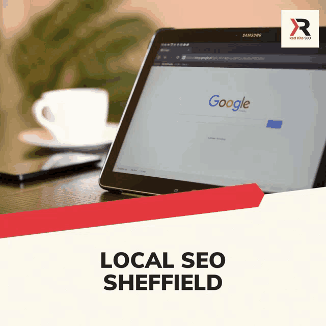 an advertisement for local seo sheffield shows a tablet on a desk