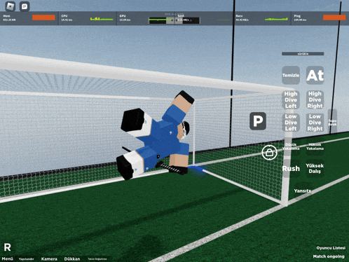 a screenshot of a soccer game shows a goalie getting ready to dive