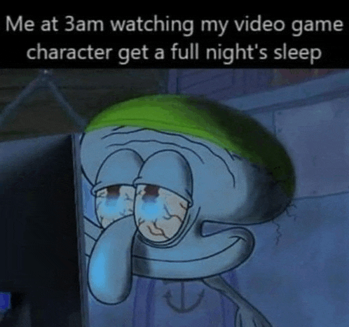 squidward from spongebob squarepants is crying while watching his video game character get a full night 's sleep .