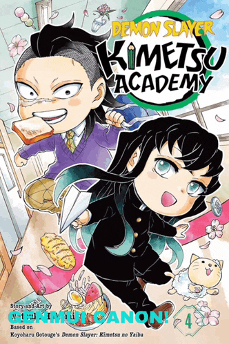 a book cover for demon slayer kimetsu academy shows two characters