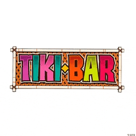 a colorful tiki bar sign with a bamboo frame