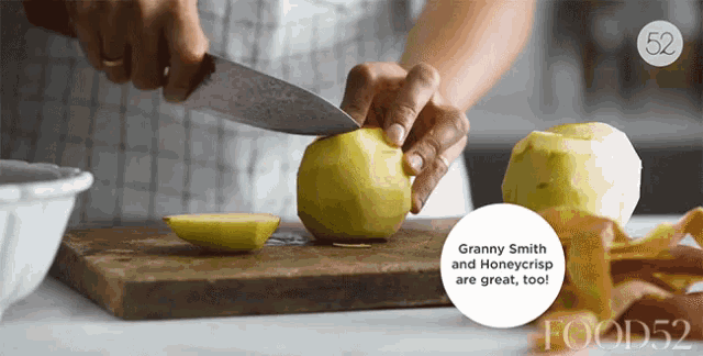 a woman is cutting an apple on a cutting board and the words granny smith and honeycrisp are on the bottom