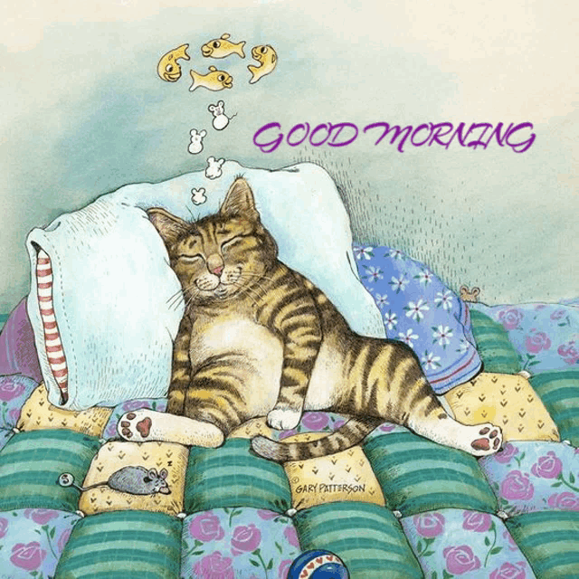 an illustration of a cat sleeping on a bed with the words " good morning " below it