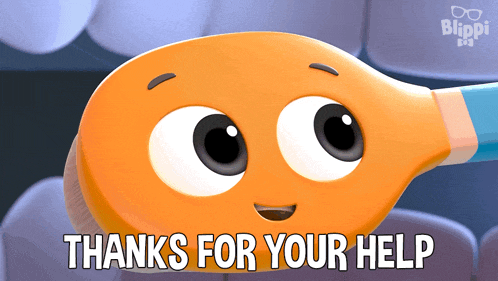 a cartoon character says thanks for your help in front of a blue background