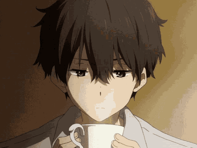 a close up of a anime character holding a cup of coffee