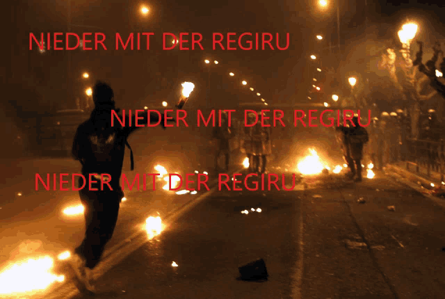 a man holding a torch with the words nieder mit der regiru in red