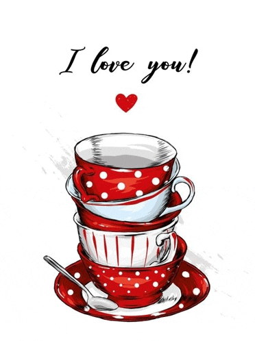 a stack of red and white cups and saucers with a spoon and the words `` i love you '' .