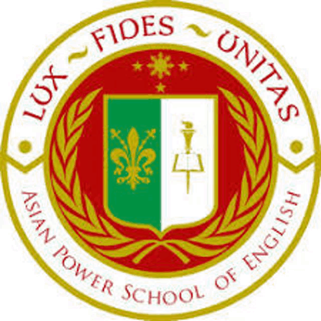 the logo for the asian power school of english has a coat of arms on it .