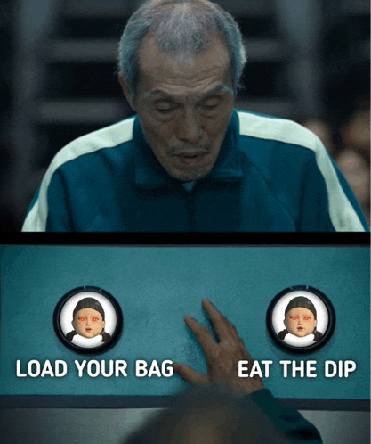 a man pressing a button that says eat the dip