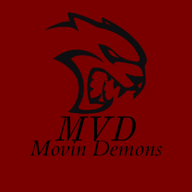 a logo for mvd movin demons shows a red background