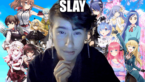 a man stands in front of a collage of anime characters with the word slay above his head