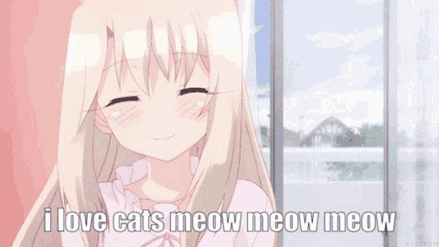 a picture of a girl with a cat ear and the words i love cats meow meow meow