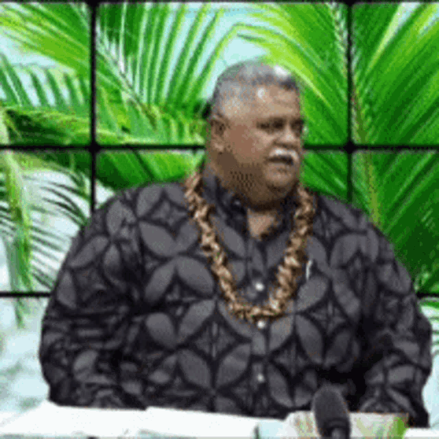 a man wearing a black shirt and a gold necklace is sitting in front of a microphone in front of a palm tree .