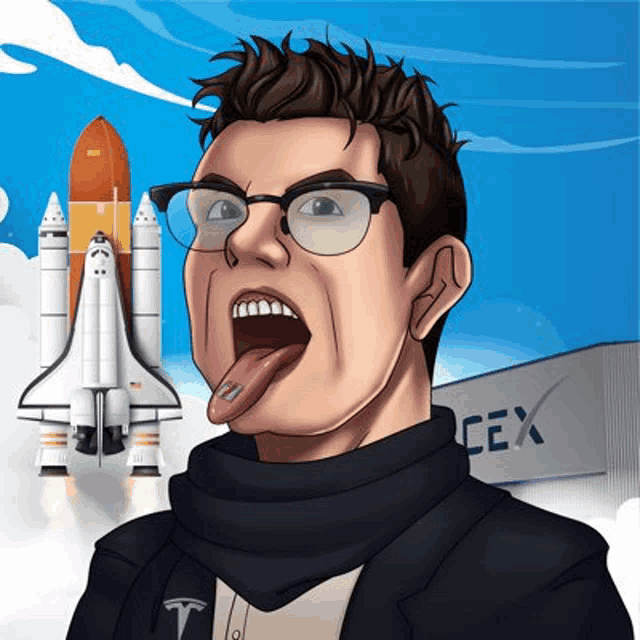 a man with glasses is sticking out his tongue in front of a rocket .