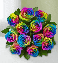 a bunch of rainbow colored roses are on a table