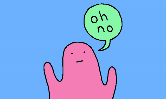 a pink monster with a green speech bubble that says oh no