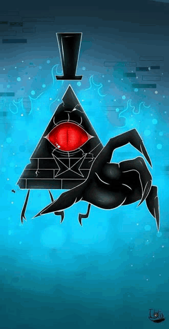 a drawing of a black triangle with a red eye and a spider on it