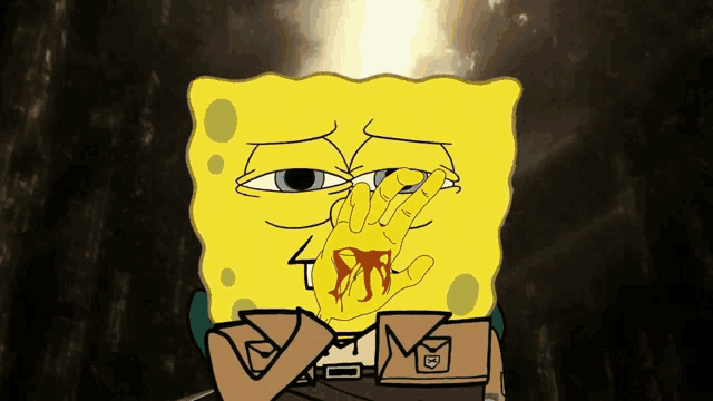 a cartoon drawing of spongebob with a bloody hand on his nose