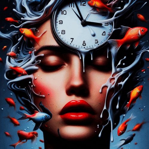 a painting of a woman with a clock on her head and fish coming out of her face