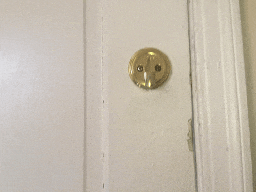 a white door with a brass keyhole that says ' eee ' on it