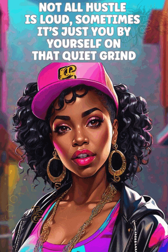 a poster with a woman wearing a pink hat that says " not all hustle is loud "