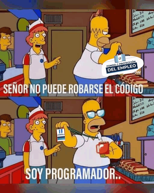 a cartoon of homer simpson holding a card that says ' soy programador '