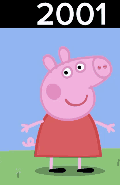 a poster of peppa pig from 2001 with a blue sky in the background