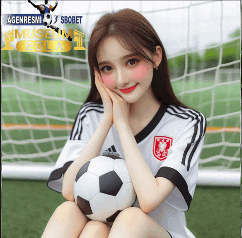 a girl holding a soccer ball in front of a soccer net