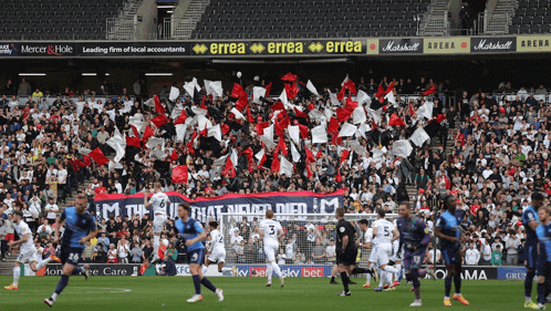 a soccer game is being played in front of a banner that says errea