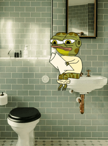 a cartoon of a frog sitting on a toilet holding a piece of paper