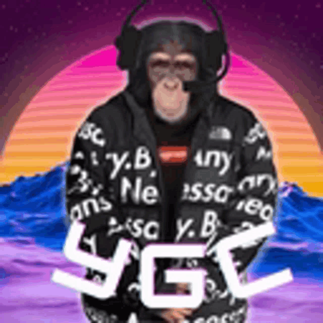 a chimpanzee wearing headphones and a jacket with ybg on it