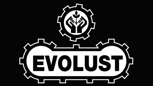 a black and white logo for evolust with a gear on top