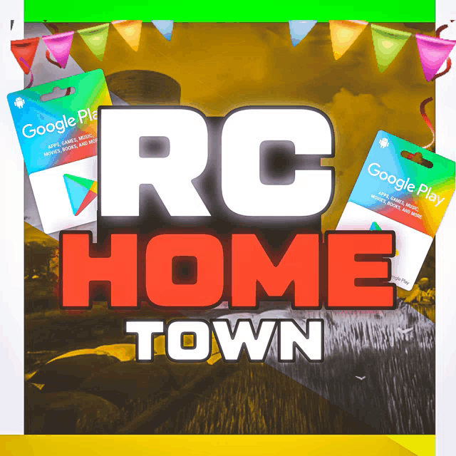 a google play gift card sitting on top of a sign that says " rc home town "