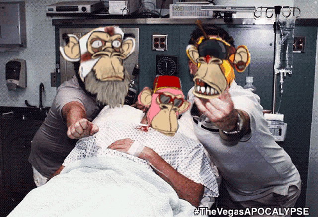 a man in a hospital bed is surrounded by monkeys with the hashtag #thevegasapocalypse